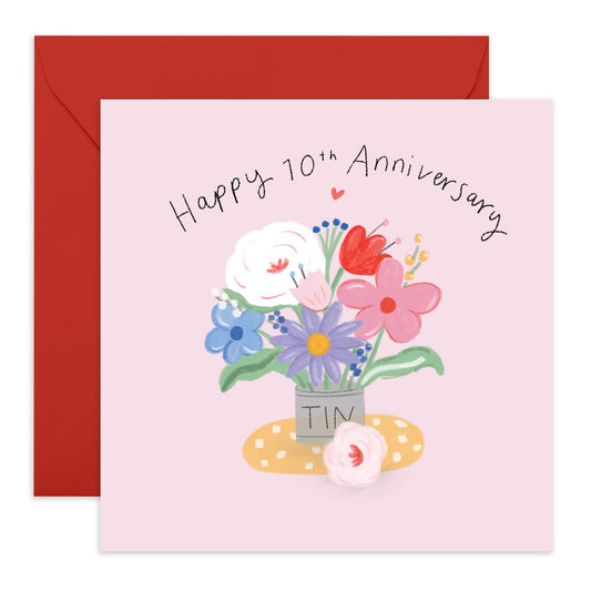 Anniversary Card - 'FLORAL VASE 10TH ANNIVERSARY' - Perfect for Celebrating a Decade of Love with Floral Theme- Ideal for Adding a Heartfelt Touch to Your Milestone - Comes With Stickers By Central 23