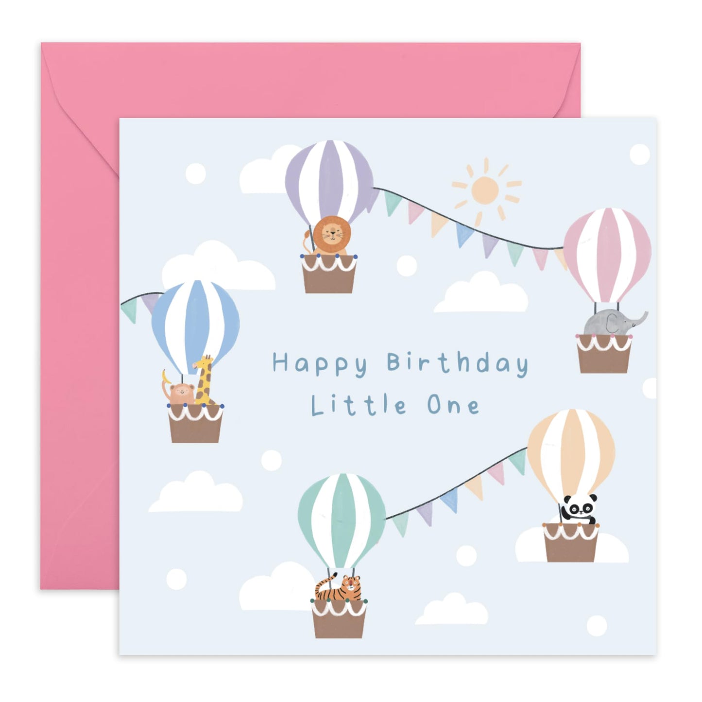 Cute Animals First Birthday Card for Babies - 'Hot Air Balloons Baby' - Gifts for Nephew, Niece, Grandchildren, Toddler, Children, Boys, Girls - 1 Year Old - Comes with Fun Stickers