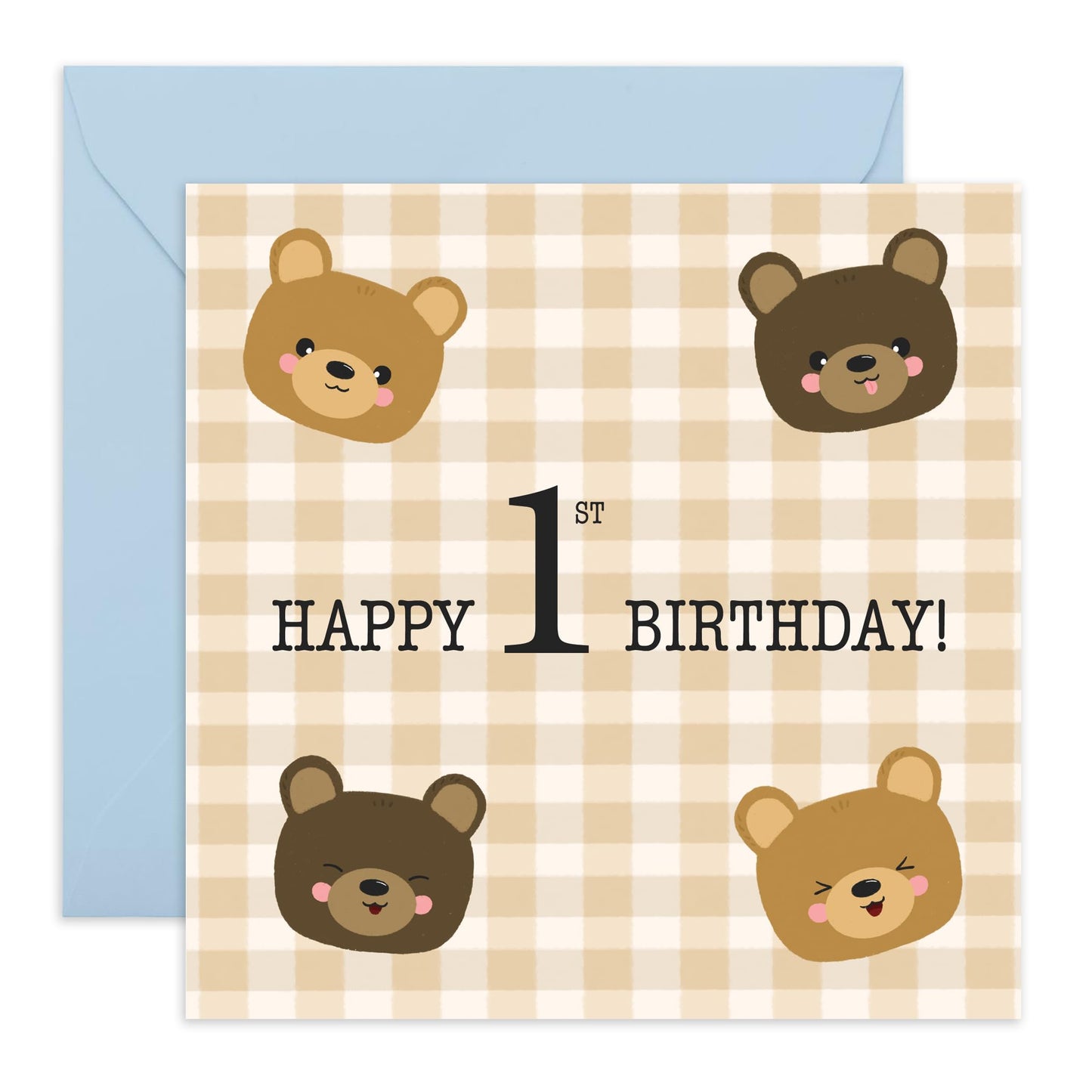 Cute 1st Birthday Card for Baby - 'First Birthday Teddy Bears' - Gifts for Nephew, Grandson, Toddlers, Baby Boy, Kids - Turning One - Comes with Fun Stickers