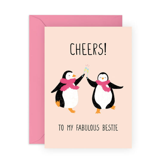 Greeting Card - 'CHEERS BESTIE PENGUINS' - Perfect for Raising a Toast to a Special Friendship - Ideal for Best Friends, Penguin Lovers, BFF's Besties Celebrations - Comes with Stickers By Central 23