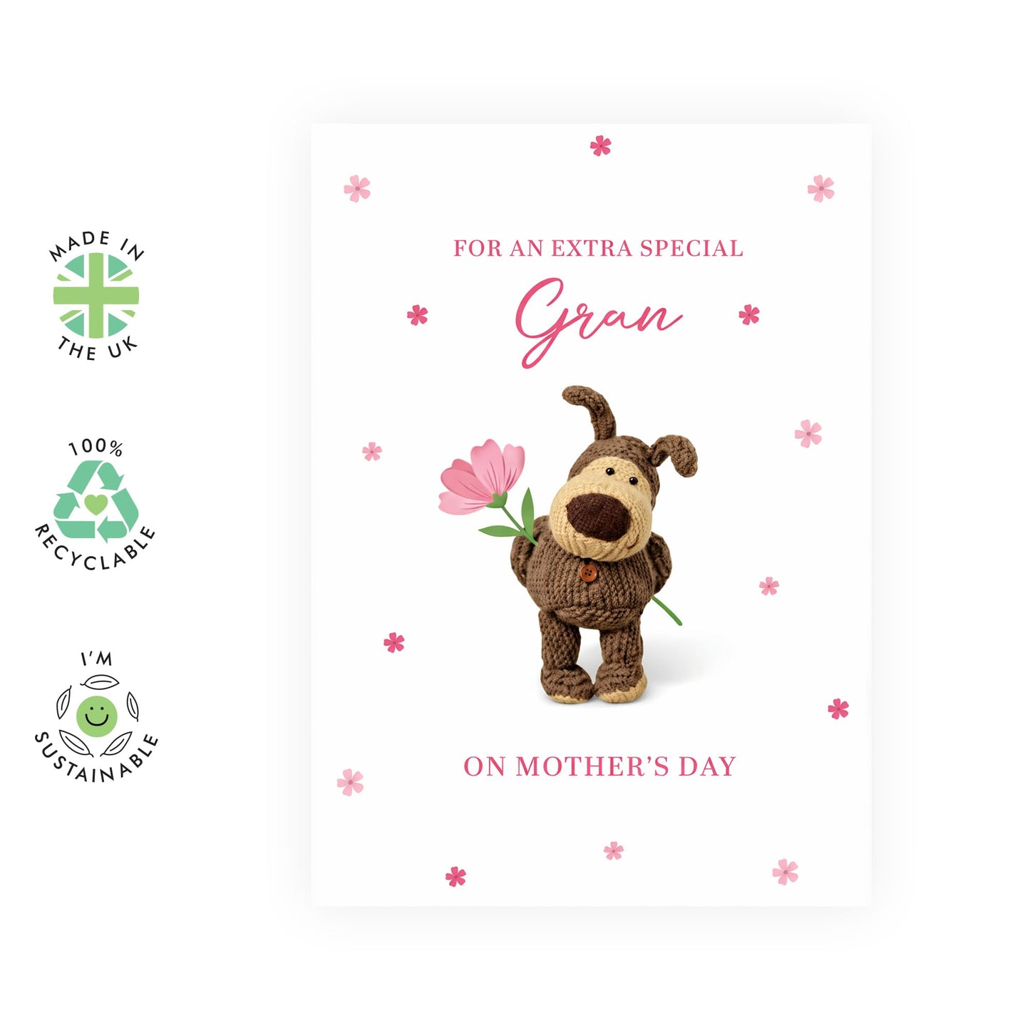 Mother’s Day Card for Gran - Pink Floral Puppy Greeting Card for Grandma - Cute Dog Illustration for Gran - Mothering Sunday Keepsake - Made in UK - Includes White Envelope