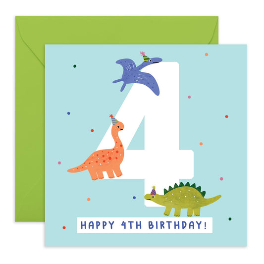 4th Happy Birthday Card Kids – Cute Dinosaur Party –Presents Boys, Girls, Son, Daughter, Niece, Nephew, Grandchild, Neighbour and Dino-Loving Children - Four Years Old - Comes with Fun Stickers