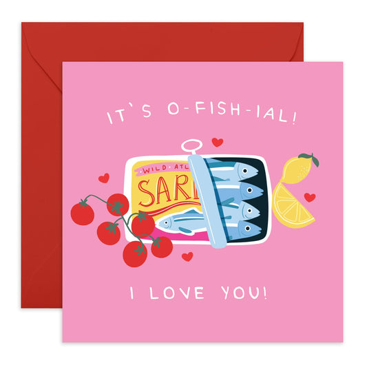 Love Card for Him Her – "It’s O-Fish-Ial, I Love You!" – Gifts for Women, Men, Partner, Wife, Husband, Wife, Girlfriend, Darling, Spouse, Couples - Sardines Can , Valentines Day - Comes with Stickers