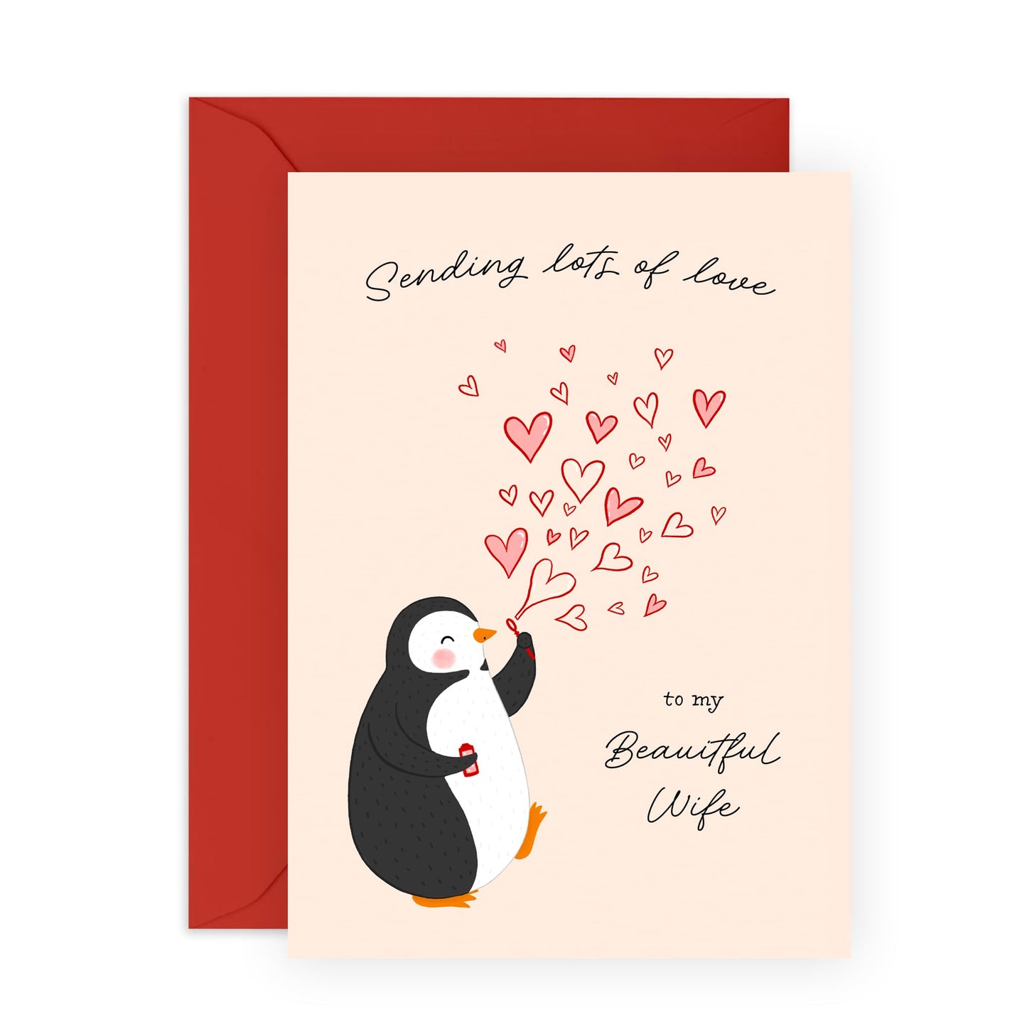 Cute Penguin Wife Love Card – Sending Lots of Love - Romantic Greeting Card for Her, Babe, Women, Ladies, Couples, Partner - Anniversary, Birthday, Valentines Day - Comes with Stickers