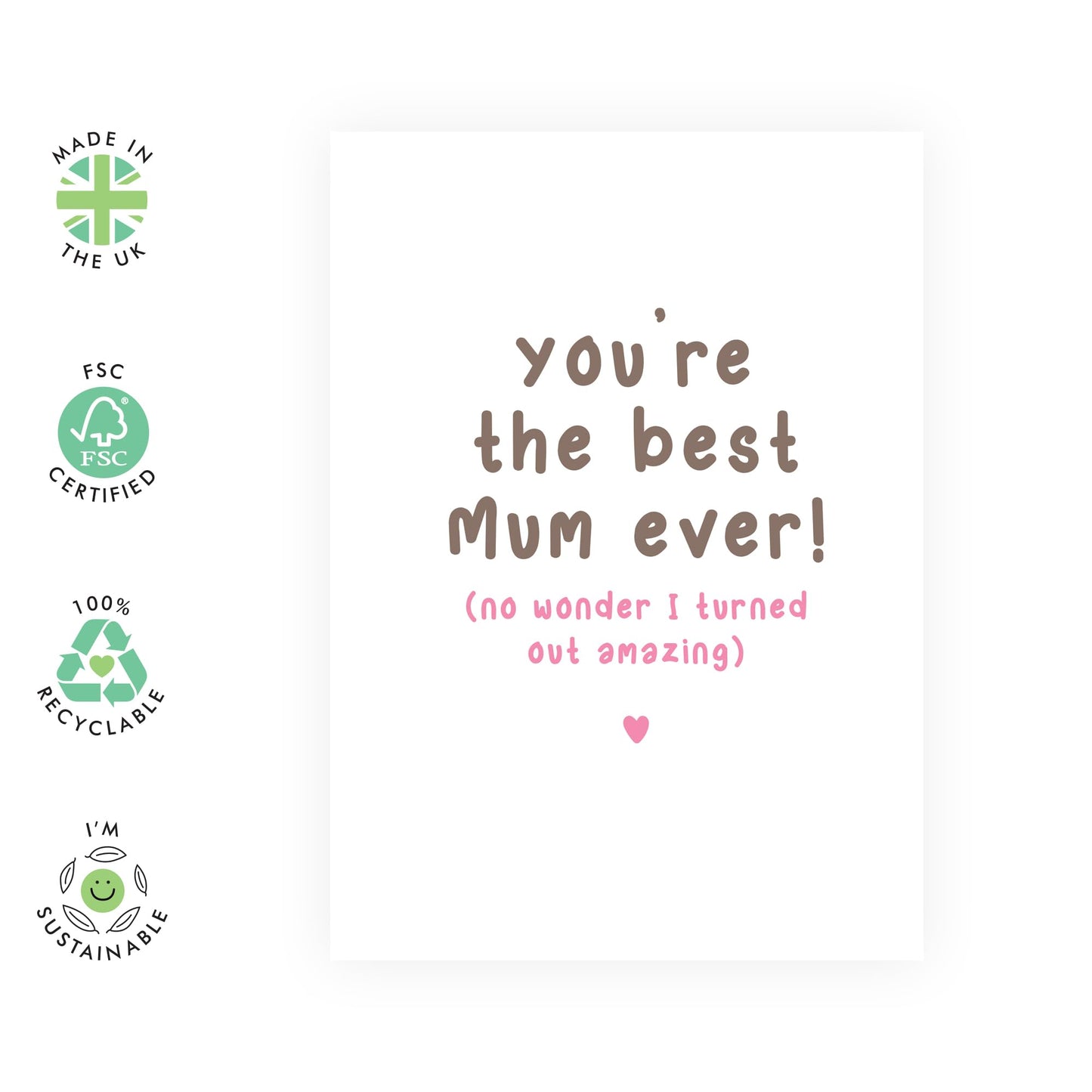 Mum Birthday Cards - Best Mum Ever! - Simple Thank You Gifts For Her, Mummy, Mam, Mama, Ladies, Women from Son Daughter Family - Pink Mothers Day Card -Comes With Fun Stickers