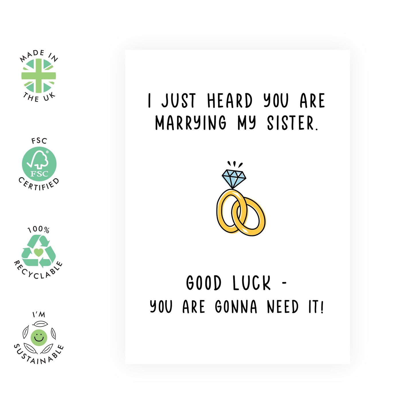 Funny Wedding Card for Brother-in-Law, Him, Bro – "Marrying My Sister...Good Luck!" Humorous Greeting Card – For Engagement or Wedding - Comes with Fun Stickers