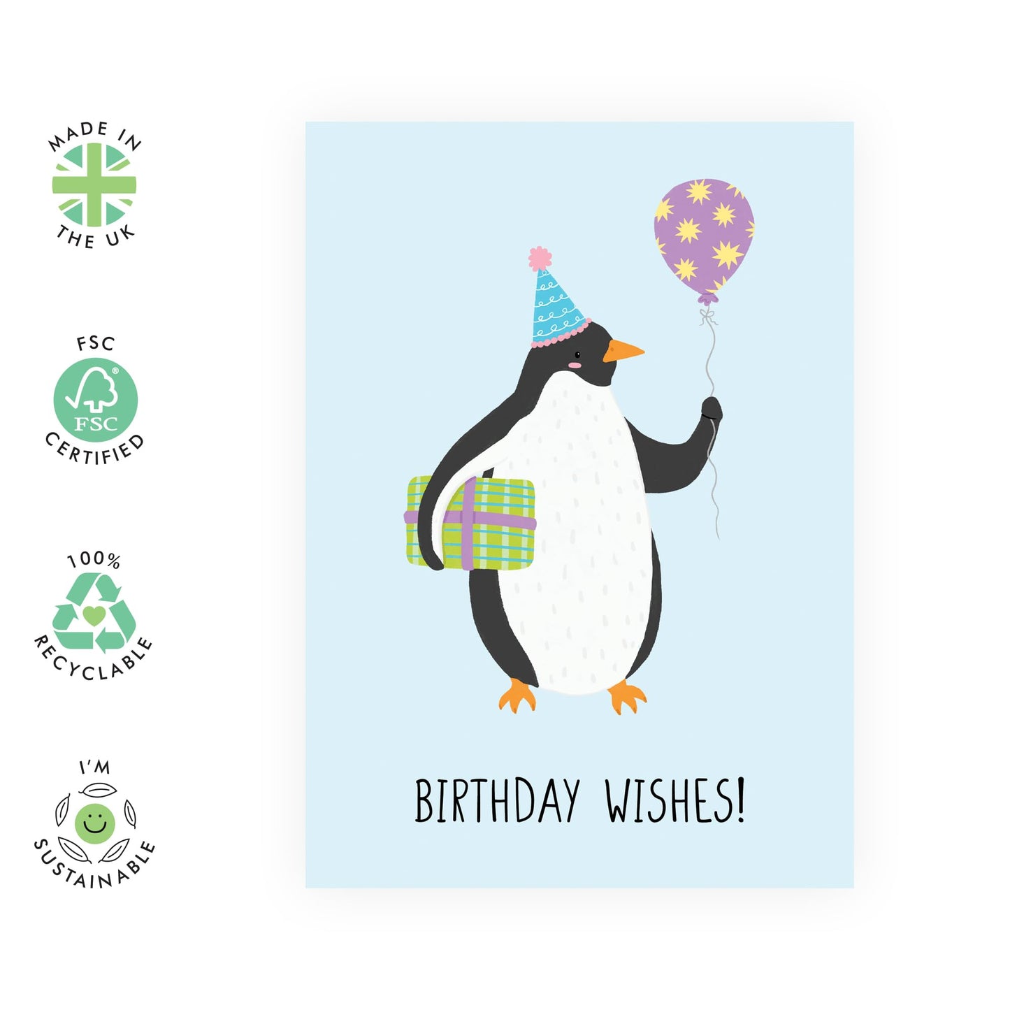 Penguin Birthday Card – Wishes – Presents for Friends, Kids, Son, Daughter, Niece, Nephew, Him, Her, Boys, Girls, Family & Animal Lovers - Gift, Balloons and Hat - Comes with Fun Stickers