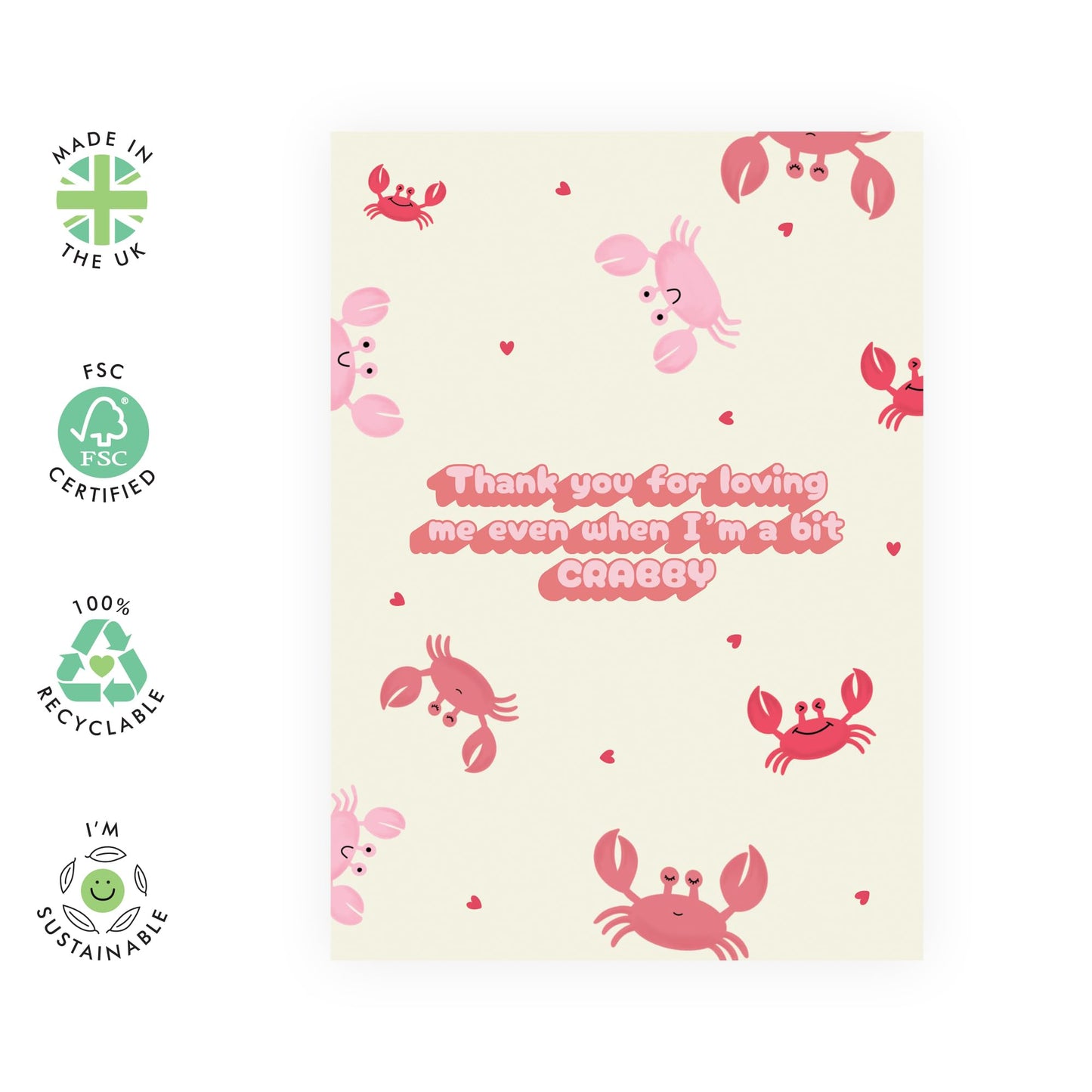 Funny Crabby Appreciation Card - Cute Love Crab Design - Thank You for Loving Me Greeting Card for Partner, Him, Her, Spouse, or Friend - For Valentines Day, Anniversaries or Apologies