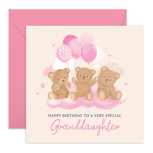 Birthday Card for Girls - 'Teddy Granddaughter Birthday' - Presents for Kids, Teenagers, Toddlers, Grandchildren from Granddad, Grandma, Grandparents - Bears and Balloons - Comes with Fun Stickers