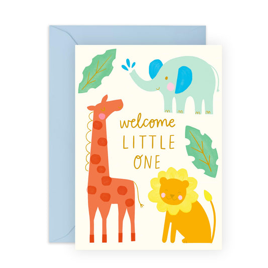 Welcome Little One Card – Adorable Safari Animals – Surprise for Family, Mom, Dad, Brother, Sister, Colleagues, Children, Relatives - New Baby, Baby Shower, Newborn Arrival – Comes with Stickers