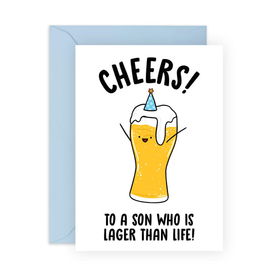 Happy Birthday Son Card - Cheers To A Uncle Who Is Lager Than Life - Funny Birthday Cards For Men - Beer Jokes Humor Banter - Greeting Card And Envelope - Comes With Cute Stickers By Central 23