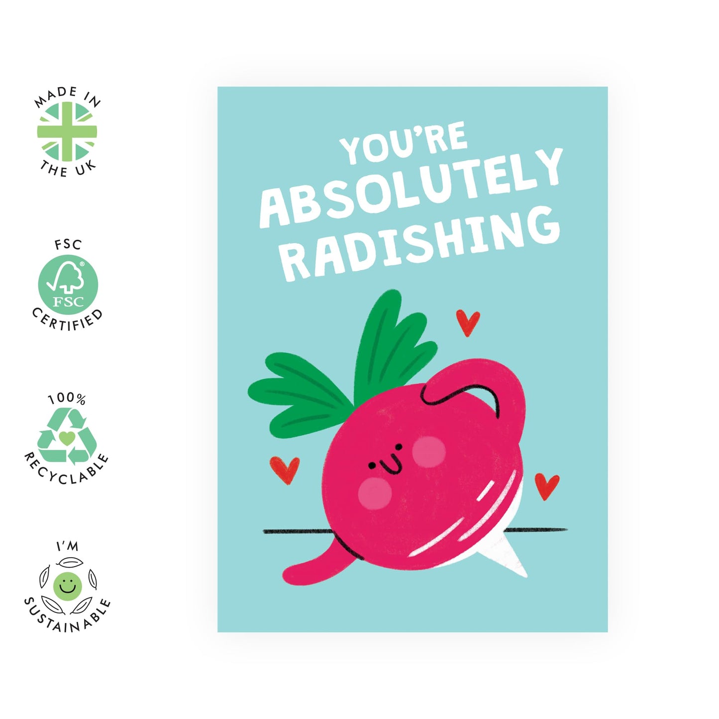 Greeting Card - 'Absolutely Radishing' - Gifts to Best friend, Girlfriend, Boyfriend, Wife, Husband, Mum & Dad - Cute Messages - Comes with Fun Stickers