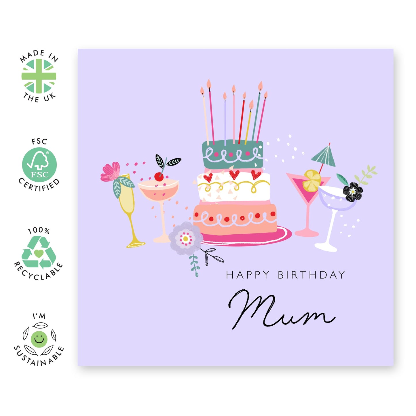 Birthday Card For Mummy - Happy Birthday Lilac Cake Mum - Greeting Card For Mum - Birthday Card For Mother From Son Daughter - Pretty Greeting Card For Mom - Comes With Fun Stickers - By Central 23