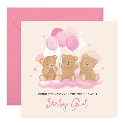 Gender Reveal Card - 'Congratulations Baby Girl Teddy' - Gifts for Friends, Colleagues, Co-workers, Bruv, Brother, Sister - New Born Baby - Comes with Fun Stickers