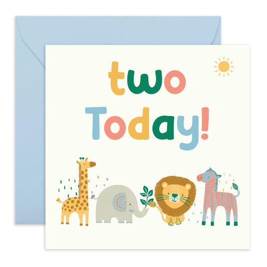 2nd Birthday Greeting Card - 'Two Today Safari Animals' - Gifts for 2 Year Olds, Boys, Girls, Toddlers, Niece, Nephew, Son, Daughter - Lion Zebra Elephant Giraffe - Comes with Fun Stickers