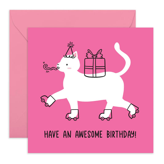 Awesome Birthday Card - 'Roller Skating Cat' - Gifts for Sister, Besties, Sis, Daughter, Niece, Kids, Children, Child, Her, Family - Cool Skater - Comes with Fun Stickers