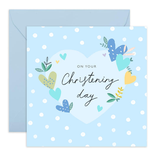 Christening Card For Baby Boy - Blue Hearts Christening - Dedication Day Card For Baby - Baptismal Card For Nephew - Baptism Grandson - Gift From Aunt Uncle - Comes With Fun Stickers By Central 23