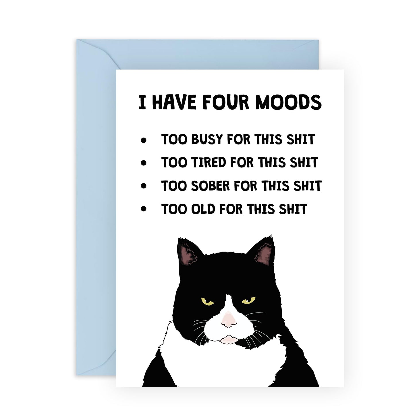 Funny Cat Birthday Card - Four Moods Cat - Humour Banter - Humorous Birthday Cards For Men - Rude Gifts For Women - Friends Birthday Card - Comes With Stickers - By Central 23