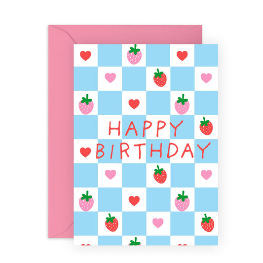 Birthday Greeting Card - 'HAPPY BDAY STRAWBS AND HEARTS' - Perfect for Celebrating with a Sweet Touch - Ideal for Her, Friends, Sisters, BFFs, Mums, Girlfriend, Wife- Comes With Stickers By Central 23