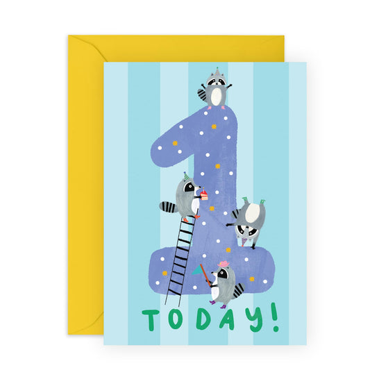 1st Birthday Greeting Card - 'Raccoons Blue One' - Gift for Son, Boys, Kids, Children, Toddlers - First Ever Bday - Comes with Fun Stickers