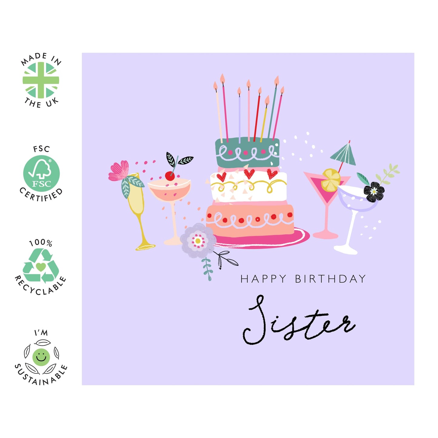 Purple Birthday Card For Sister - Bday Cake And Cocktails - Celebration Gifts Presents For Her - Sister Birthday Cards For Women - Comes With Fun Stickers By Central 23