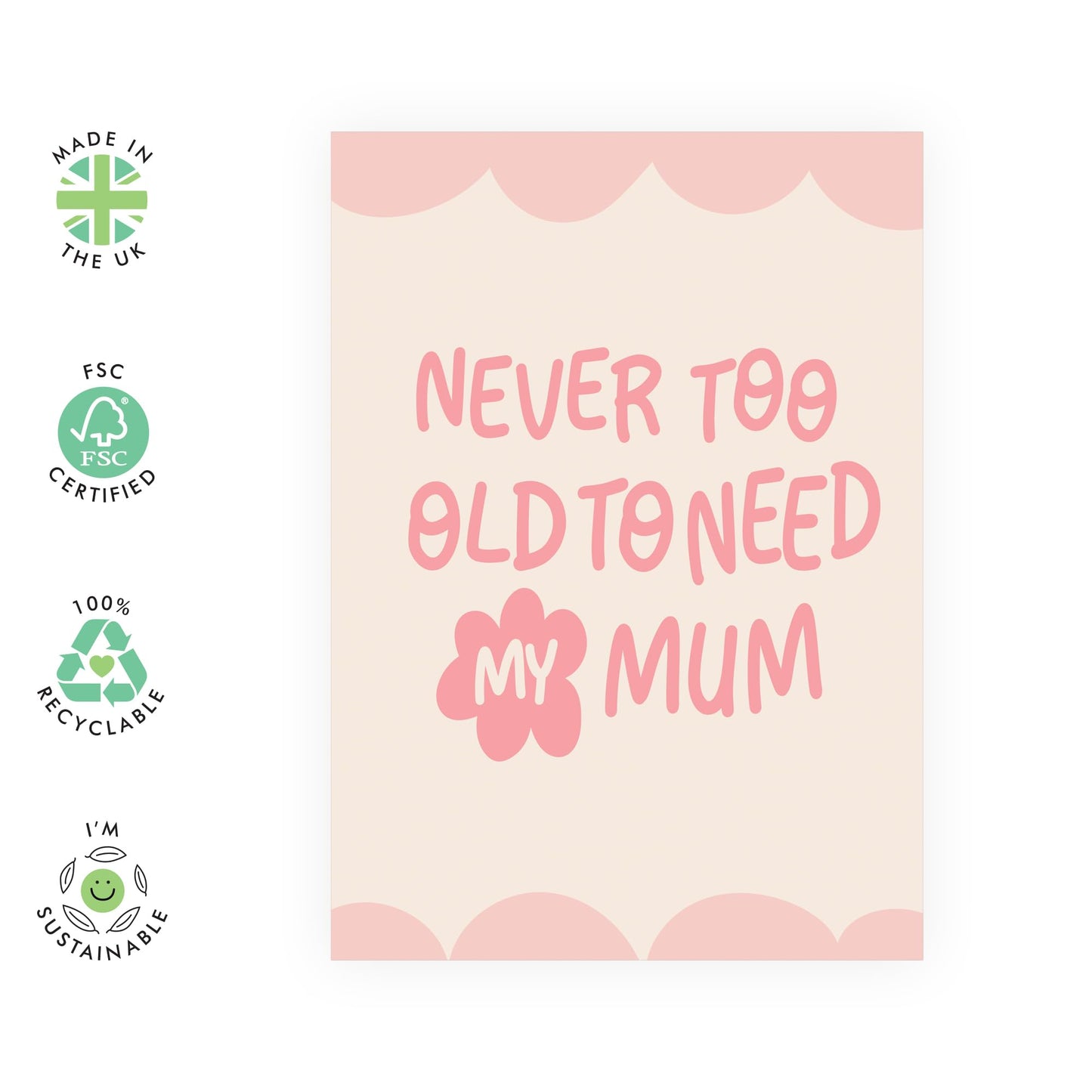 Birthday Card for Mum - Never Too Old To Need My Mum - Happy Mothers Day Card From Daughter Son - Sweet Greeting Cards For Women, Mama, Mam, Mummy, Her - Comes With Stickers