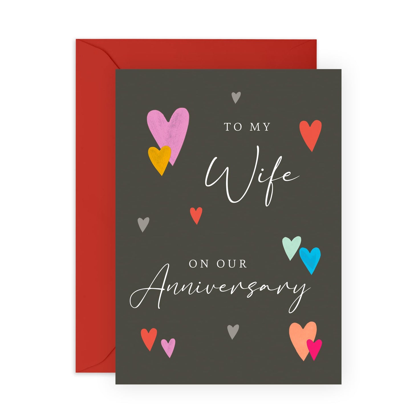 Wife's Romantic Anniversary Card - 'Wife Anniversary' - Gifts for Wifey, Mrs, Spouse, Partner, Babe, Her, Woman - Coloured Hearts - Comes with Fun Stickers