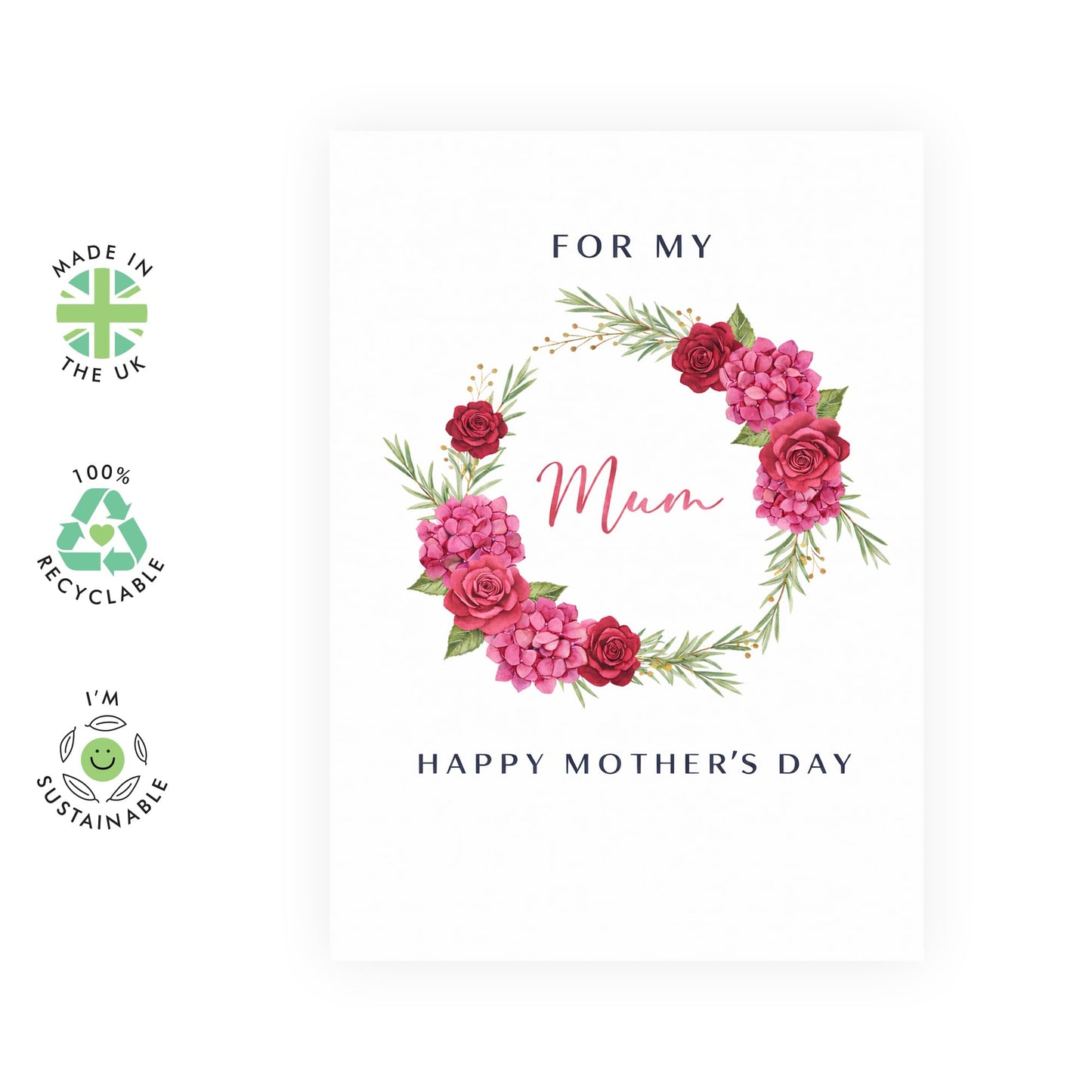 Mother’s Day Card for Mum - ‘For My Mum’ Elegant Red Floral Wreath Greeting Card - Thoughtful Keepsake for Mummy Mama - Made in UK - Includes Premium White Envelope