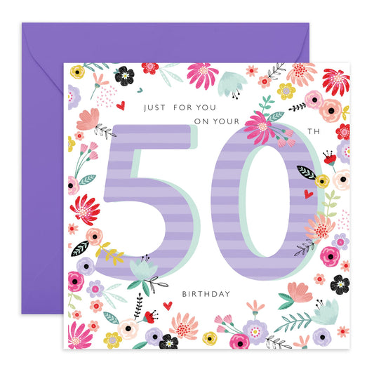 50th Birthday Card For Women - 50th Birthday Florals - Mummy Floral Birthday Card - Wife Mum Aunt - Happy Fiftieth Birthday Greeting Card Sister Female Friends - Comes With Fun Stickers By Central 23