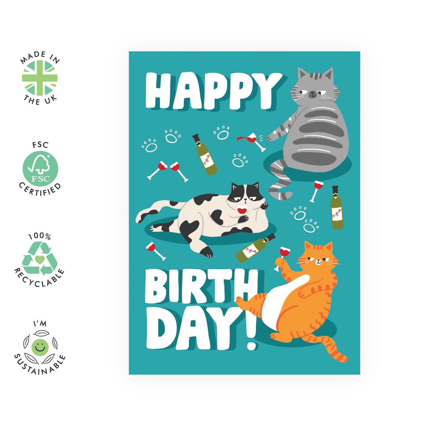 Cat Birthday Card - Big Happy Birthday Wine Cats - Funny Birthday Card For Men And Women - Birthday Gifts For Cat Lovers - Birthday Card For Friends Pet Owners - Comes With Fun Stickers By Central 23