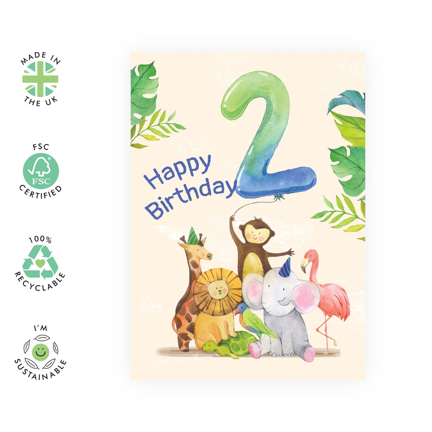 2nd Birthday Card For Boys - Milestone Baby Cards Age Two - Jungle Animals - Kids Birthday Card Second Bday - Comes With Fun Stickers - Made In The UK By Central 23