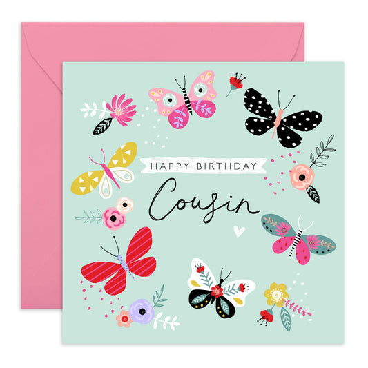 Butterfly Birthday Card For Cousin - Pretty Flowers And Butterflies Sage Green - Elegant Birthday Card For Her - Greeting Cards For Girls - Gift For Women - Comes With Fun Stickers - By Central 23