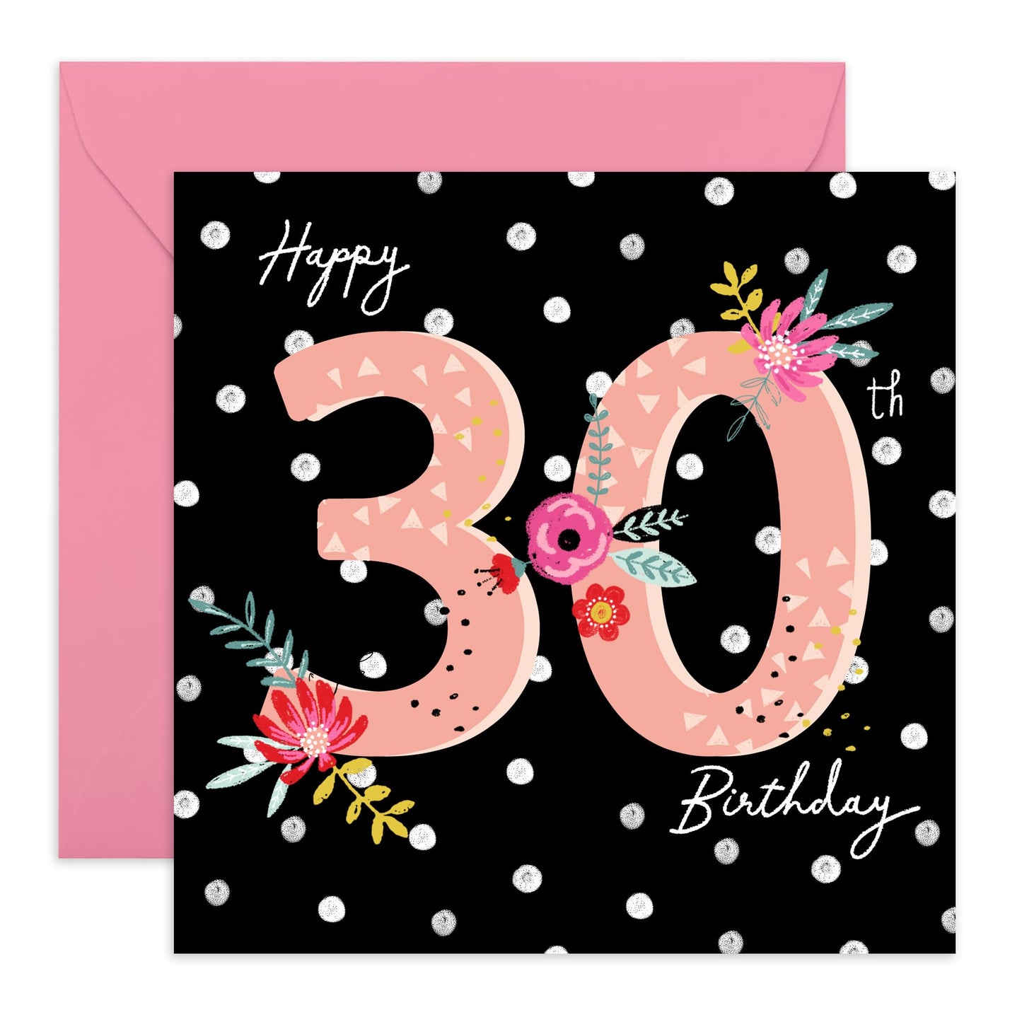 30th Birthday Card For Women - Happy 30th Birthday Black Floral - Wife Mum Mummy - Sister - Floral Bday Card - Happy Thirtieth Birthday Greeting Card Female Friend - Comes With Stickers By Central 23