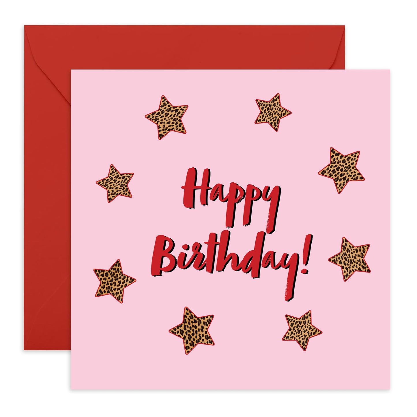Happy Birthday Card - Bold Leopard Print Star Design - Fun and Stylish Greeting for Friends, Family, Her, Women or Loved Ones - Blank Inside with Premium Red Envelope