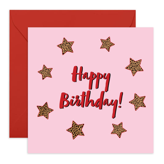 Happy Birthday Card - Bold Leopard Print Star Design - Fun and Stylish Greeting for Friends, Family, Her, Women or Loved Ones - Blank Inside with Premium Red Envelope