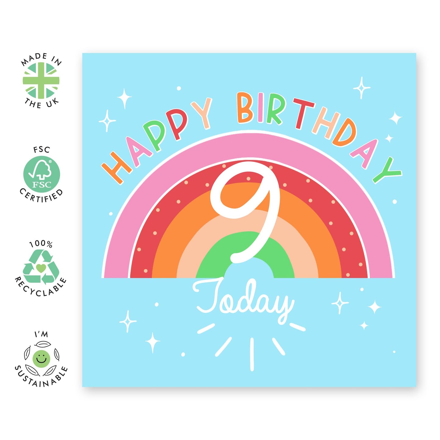 Happy 9th Birthday Cards For Girls - Ninth Birthday Card For Daughter - Rainbow Gifts For Her Nine Year Old - Granddaughter Birthday Cards - Comes With Fun Stickers By Central 23