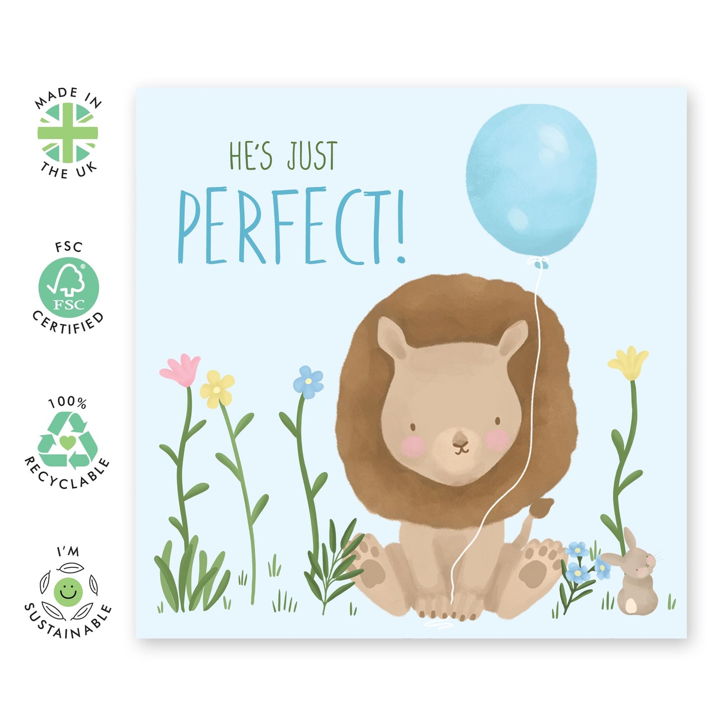 Cute Congratulations Card - 'He's Perfect New Baby' - Gift for Babies, Boys, Son, New Born, Family, Birth - Lion and Balloon- Comes with Fun Stickers