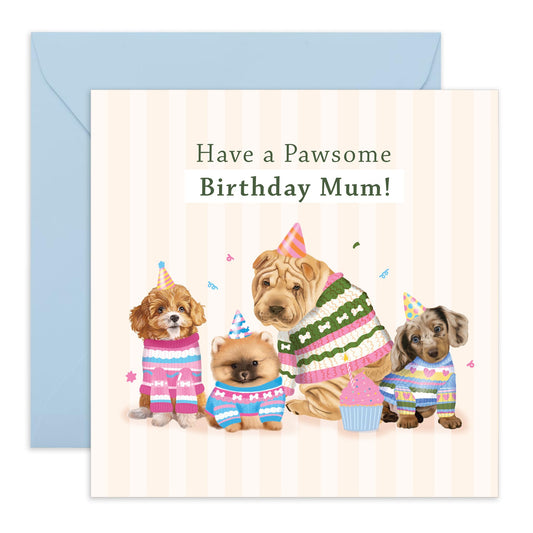 Adorable Dogs Birthday Card - 'Pawesome Birthday Mum' - Gifts for Fur Mums, Best Friend, BFF, Colleagues, Co-worker, Animal, Pet Lover - Bday Hats - Comes with Fun Stickers