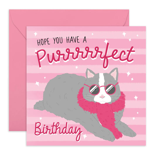 Punny Birthday Card - 'PURRRFECT CAT BIRTHDAY' - Perfect for Adding a Fun & Feline Touch to Birthday Celebrations - Ideal for Cat Lovers, Him, Her, Friends, Family - Comes With Stickers By Central 23