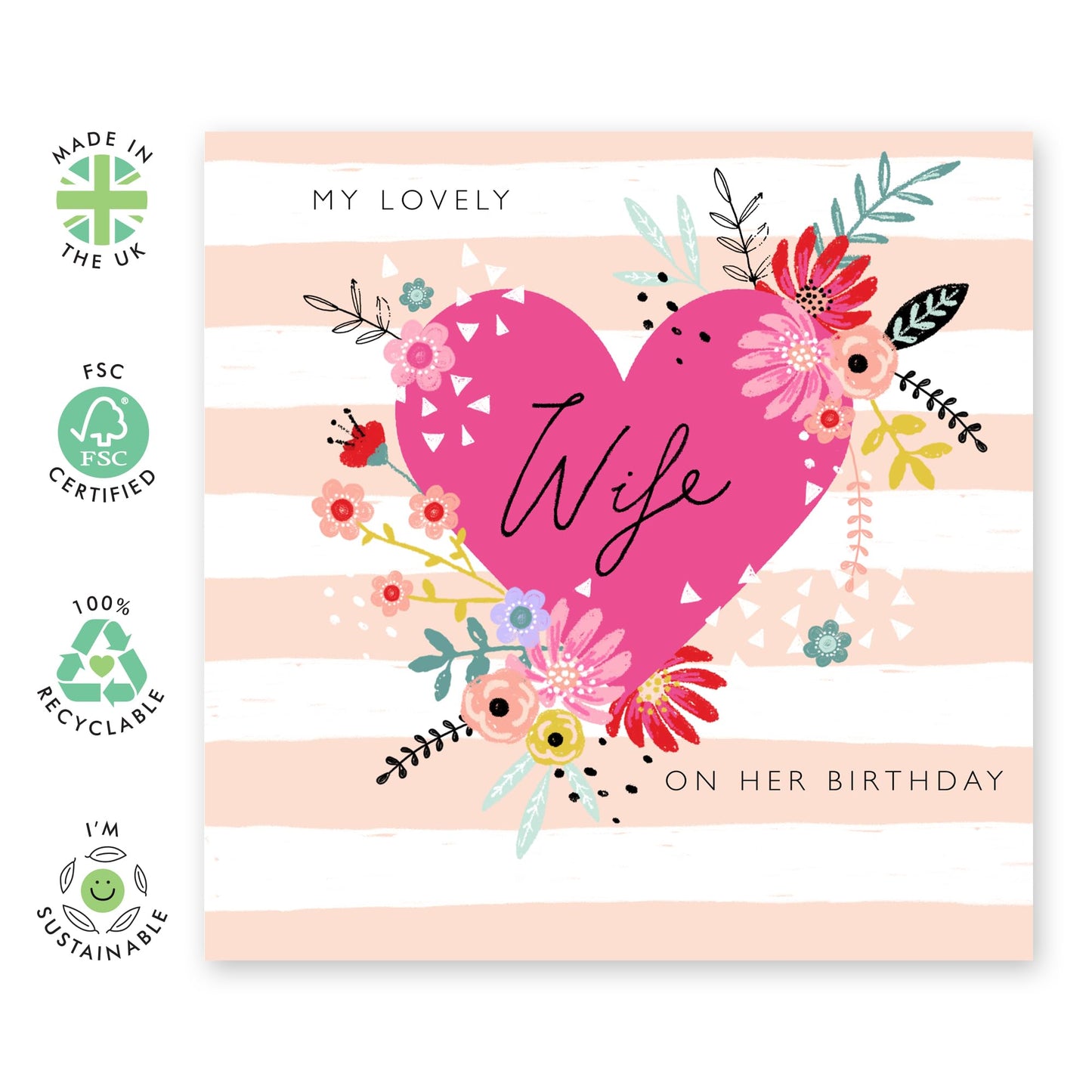Floral Birthday Cards For Wife - Hearts Flowers Stripes - Sweet I Love You Cards For Her - Beautiful Greeting Cards For Wives - Wife Gifts For Women - Comes With Cute Stickers By Central 23