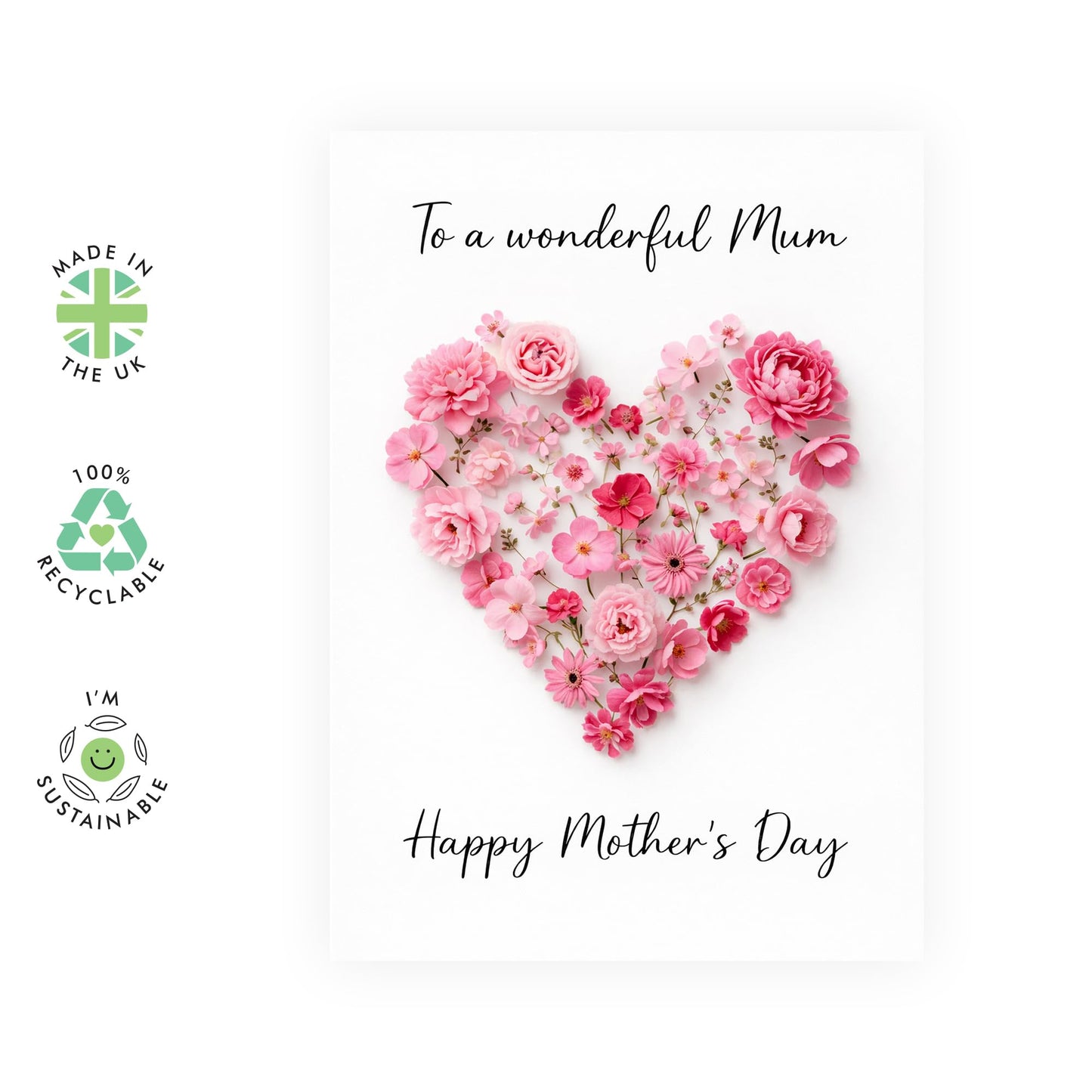 Thoughtful Mother’s Day Card – Pink Flowers Heart - Floral Greeting for Mum Mama Mummy Wife Sister Grandma Aunt Her Women From Son Daughter Family – Comes with Sweet Stickers