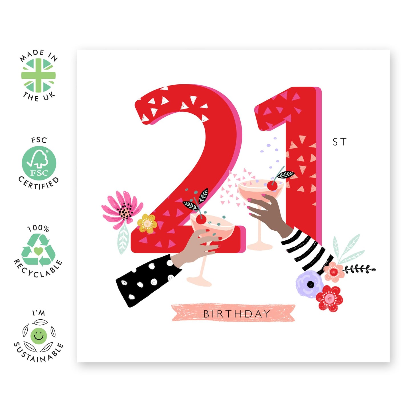 21st Birthday Card For Her - 21st Cherry Cocktails - Floral Birthday Card - Women Sister - Happy Twenty-first Birthday Card - Daughter Niece - Friend - Comes With Fun Stickers By Central 23