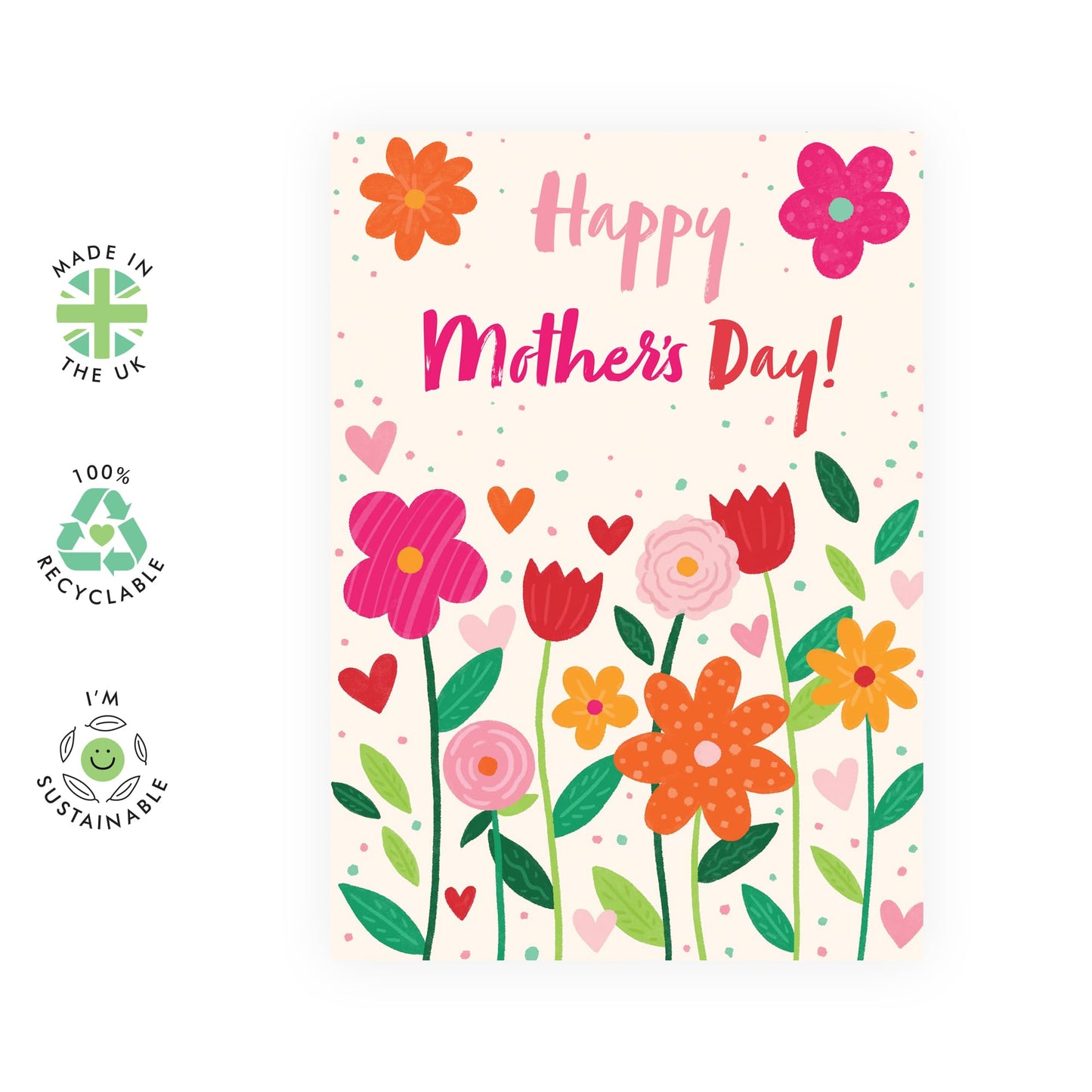 Flowers Mother’s Day Card – Colourful Floral Design with Hearts - Sweet Gift for Mum, Mummy, Mama, Ma, Mam, Wife, Grandma, Nan, In Law, Sister, Her, Women from Son or Daughter - Comes with Stickers