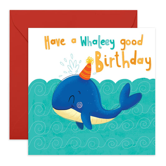 Cute Whale Birthday Card - 'Whaleey Good Birthday' - Birthday Cards for Kids, Toddlers, Parents, Boys, Girls & Baby - Adorable Pets - Comes with Fun Stickers