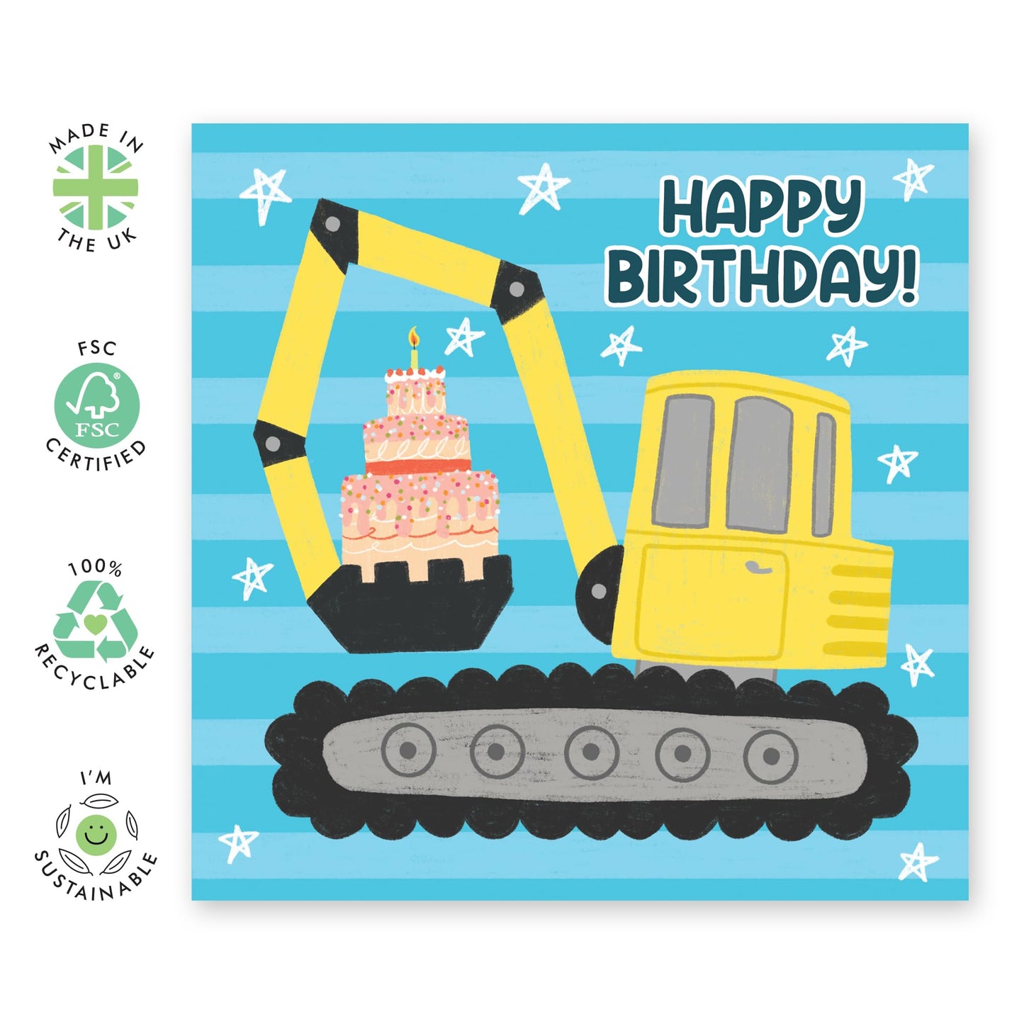 Fun Birthday Card for Children - 'Birthday Kids Digger Cake' - Gifts for Boys, Sons, Child, Children, Nephew, Grandson, Grandchild - Excavator - Comes with Fun Stickers