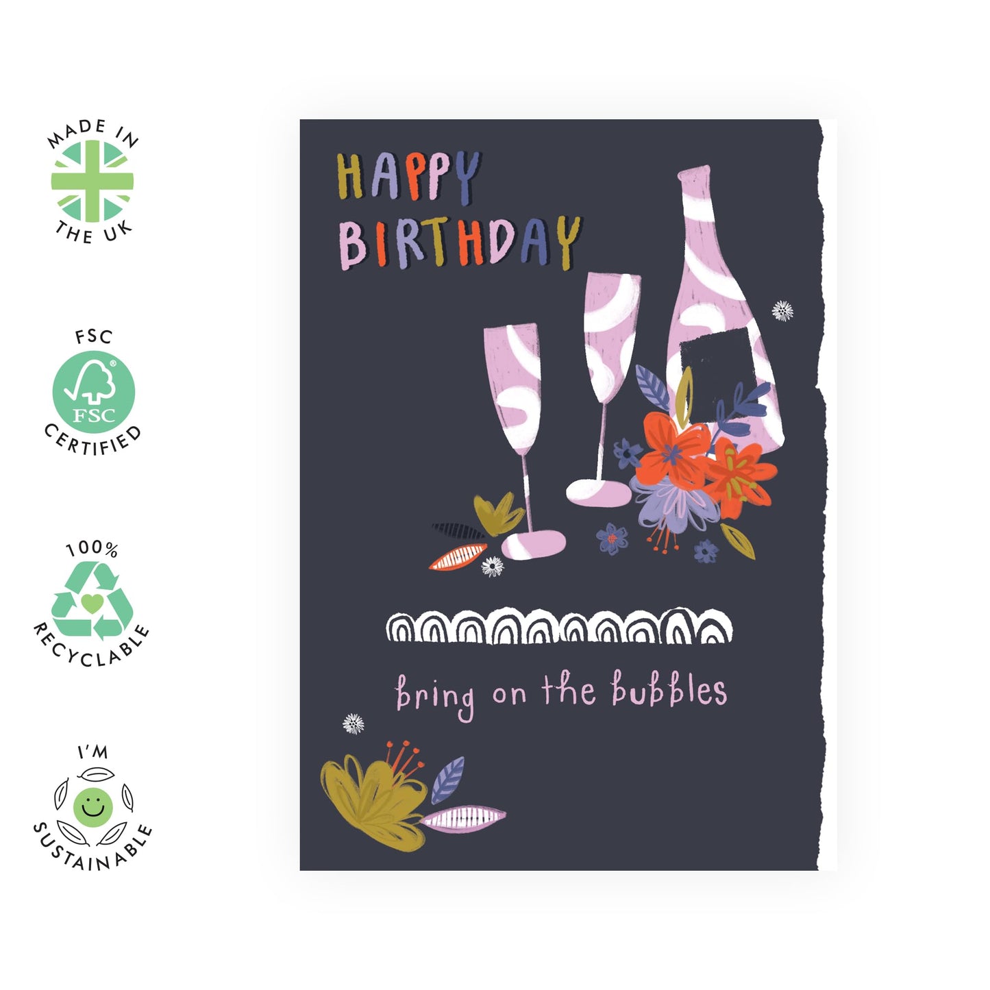 Birthday Card Floral Her - Birthday Floral Bubbles - Pretty Greeting Card For Women - Floral Birthday Card - For Mother Wife Mum - Flower - Girlfriend - Comes With Fun Stickers - By Central 23