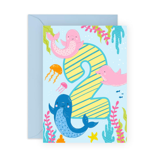 2nd Birthday Card Girl Boy - Cute Dolphins Pink Blue Green - Second Birthday Card - Milestone Baby Age Card - Two Year Old Gifts For Kids - Comes With Fun Stickers By Central 23