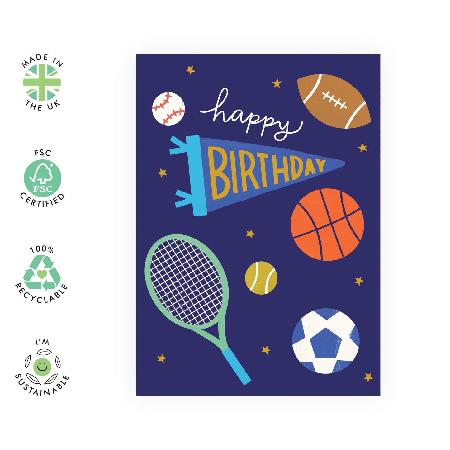 Sports-Themed Happy Birthday Card – Fun Football, Basketball & Tennis Balls – Gifts for Boys, Teens, Him, Men, Guys, Brother, Husband, Dad, Boyfriend, Athletes, & Sports Fans – Comes with Stickers