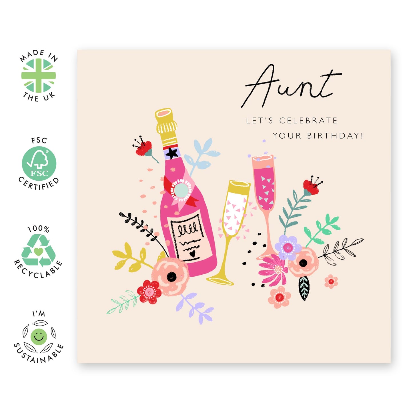 Birthday Card For Aunt - Aunt Champagne Celebrate - Happy Birthday Aunty Greeting Card - Gift From Niece Nephew - Heartfelt Gifts Women Tia - Comes With Fun Stickers - By Central 23
