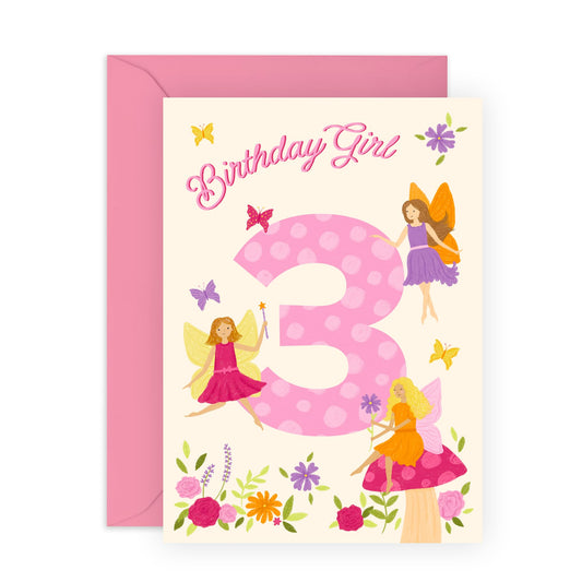 3rd Birthday Cards for Girls – Fairy Themed – Cute Gifts for Daughter, Niece, Granddaughter, Her, Children, Toddler, Neighbour, Cousin - 3 Year Old Princess - Comes with Fun Stickers